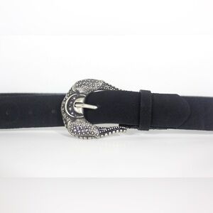 Italian Black Suede Leather Belt with a Rhinestone Silver Metal Buckle Sparkly